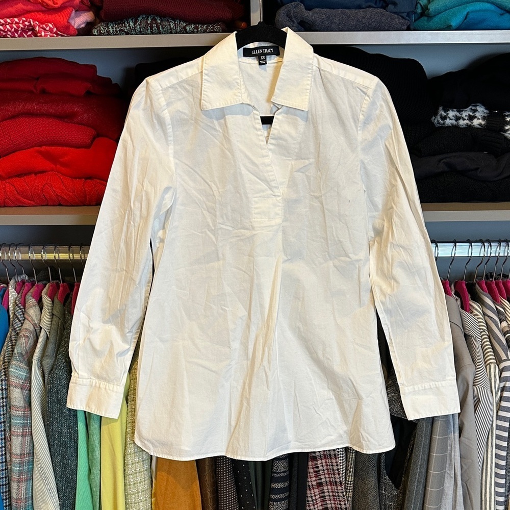 Ellen Tracy white 97% cotton long sleeve v neck popover tunic size XS
